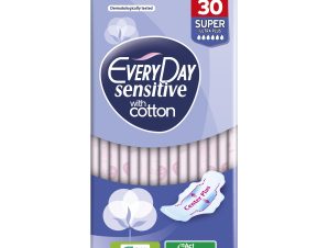 Every Day Sensitive with Cotton Super Ultra Plus Giga Pack Μεγάλου Μήκους Λεπτές Σερβιέτες, με Φτερά Προστασίας & Βαμβάκι για Μέγιστη Απορρόφηση Κατά των Ερεθισμών 30 Τεμάχια